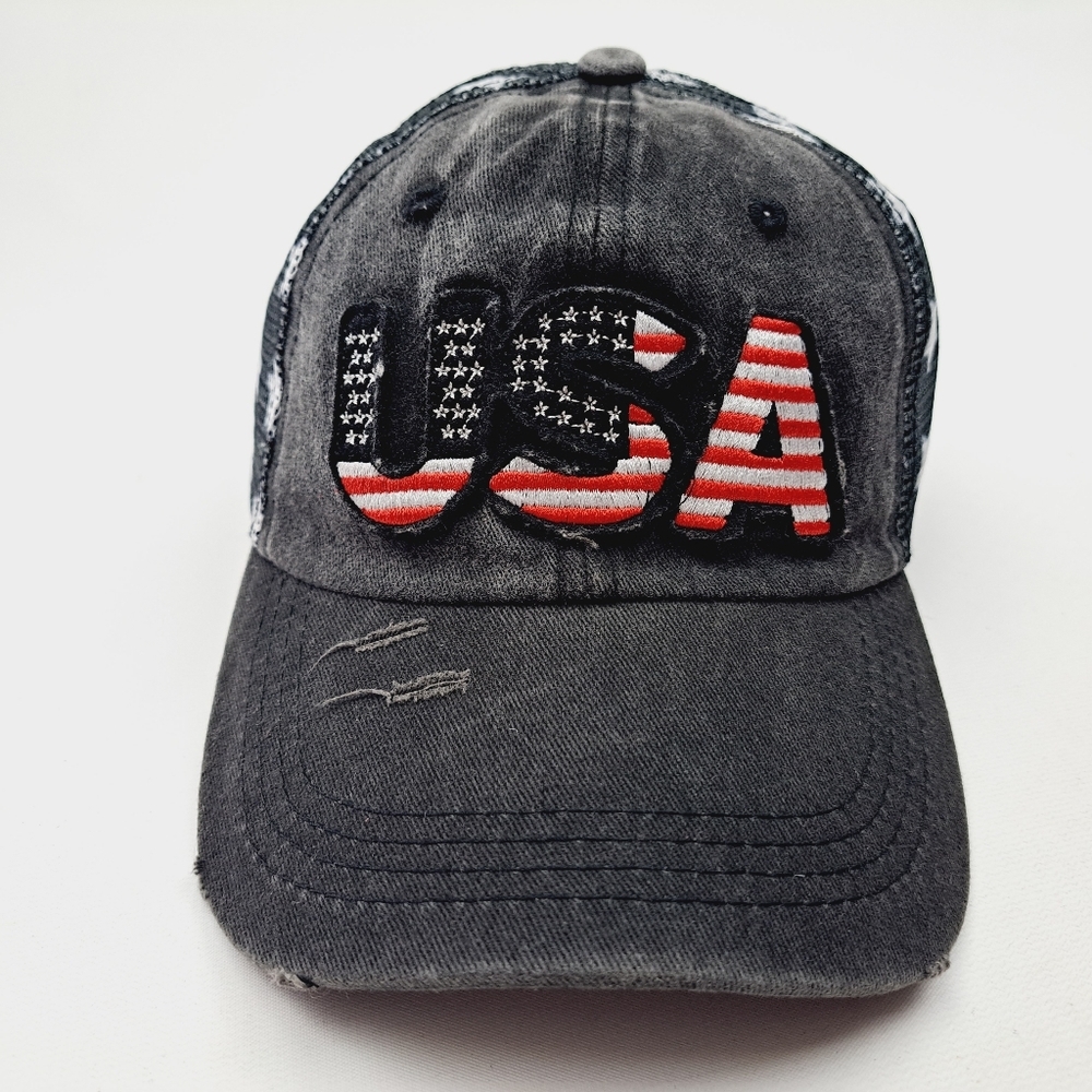 Patriotic USA Embroidered Patch Ponytail Hat Cap Mesh Net Stars Black